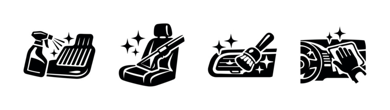 Car cleaning and detailing icons, flat vector illustration
