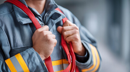 Faceless professional firefighter helping their partner through process of adjusting and fine-tuning gear, ensuring tailored to specific needs, creative banner, defocused