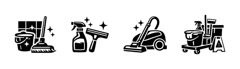 Cleaning tools and equipment icons, flat vector illustration