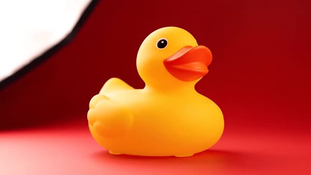 Close-up of a yellow rubber duck toy on a vibrant red background, perfect for playful and nostalgic themes.