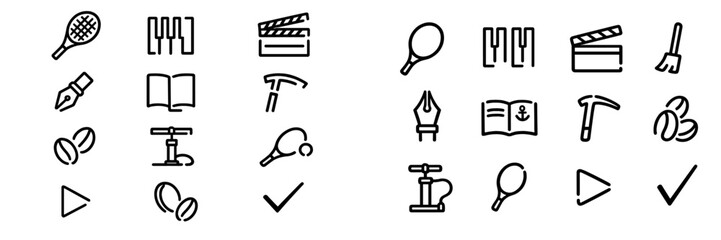 Collection of minimalist line icons representing sports music cinema writing literature tools and coffee on white background © PAPA STOCK