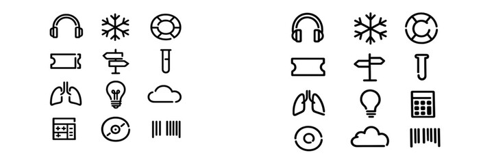Set of black line icons featuring headphones snowflake lifebuoy ticket signpost test tube lungs lightbulb cloud calculator disc and barcode © PAPA STOCK