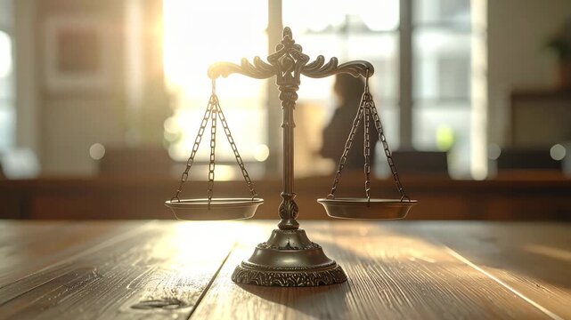 Justice Unveiled: The Scales of Justice, a symbol of fairness and legal equilibrium, are showcased on a wooden surface, set against the backdrop of a bright and inviting room, representing balance.