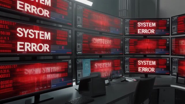 Multiple Monitors Displaying Red System Error Alert in High Tech Control Room During Cyber Attack Simulation