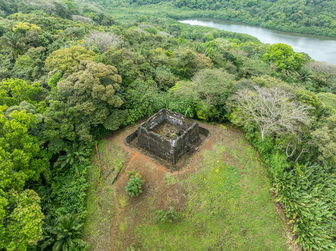 Aerial view of San Fernando fort battery protecting Portobelo bay colonial settlement in Panama, bastions, cannons, bartizan