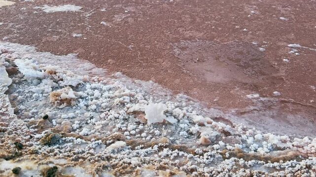 Salt crystal formations by the pink water lake in Sahara desert landscape