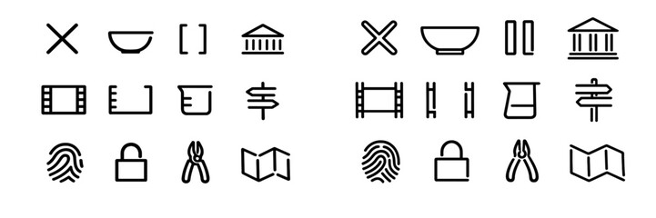 Collection of minimalist black line icons including fingerprint padlock map signpost and museum building on white background © PAPA STOCK