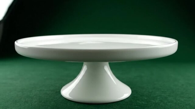 Empty White Ceramic Cake Stand Rotating on a Green Background.