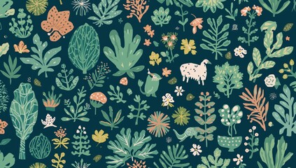 Colorful Pattern of Various Plants and Flowers on a Dark Background in a Textile Design