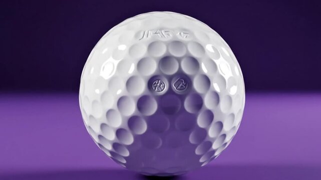 Golf Ball on Purple Background - A Close-Up View of the Dimpled Surface and Brand Logo.