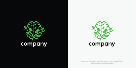 Green Organic Brain Logo with Leaves for Mental Health Growth  Natural Intelligence.