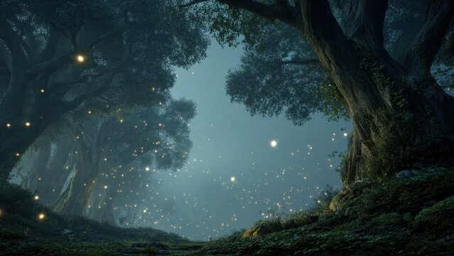 Enchanted Forest with Fireflies at Twilight