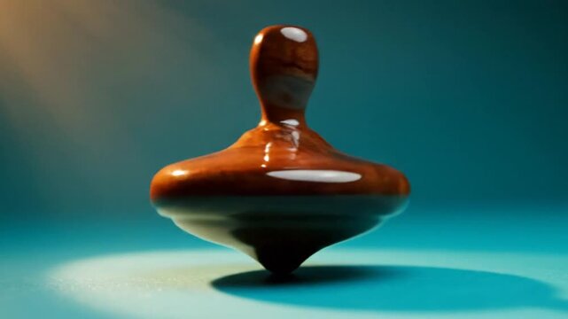 Mesmerizing Close-Up of a Spinning Wooden Dreidel on a Vibrant Blue Surface.