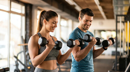 Naklejka premium A young Caucasian man and a young Hispanic woman lift dumbbells in a modern gym. They are focused and smiling, showcasing a fitness routine together.