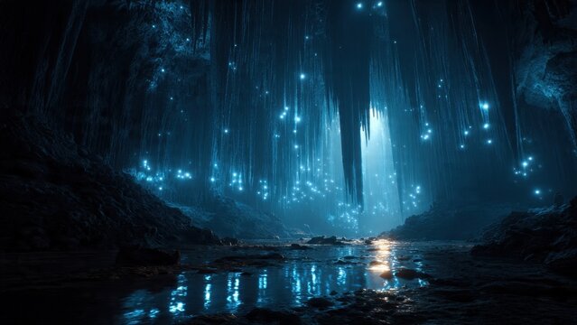 Glowworm Cave with Reflective Water