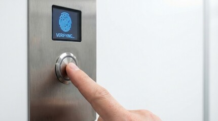 Naklejka premium Fingertip touching biometric sensor on stainless steel wall panel in corporate hallway, digital display showing fingerprint verification with blue light.