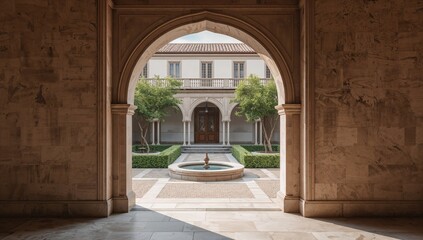 Fototapeta premium View From an Arch Showing a Courtyard With Tree and Fountain at a Building in Sunny Weather