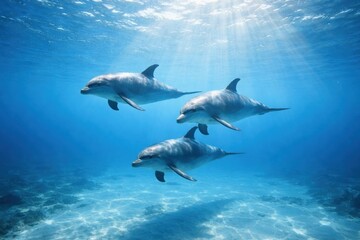 Obraz premium Dolphins Swim Gracefully in Clear Blue Water With Sunlight Shining Through the Surface During a Beautiful Day in the Ocean