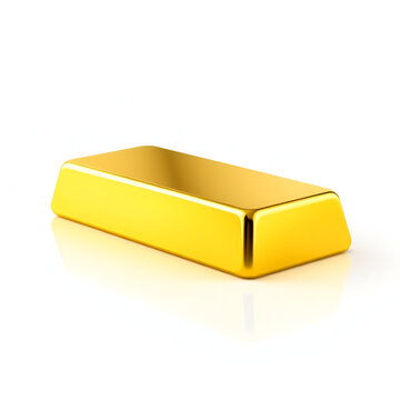A gleaming polished gold bar sits in isolation against a stark white background showing its reflective surface