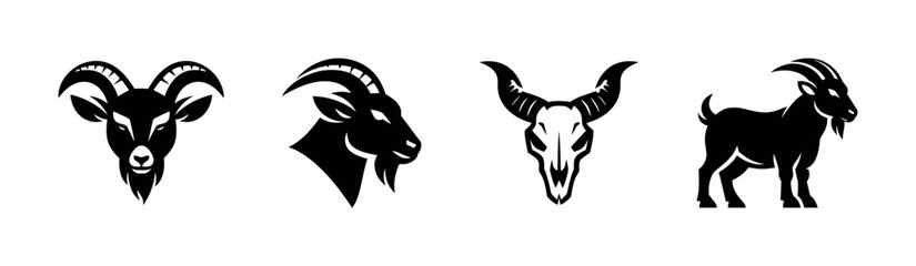 Goat and ram silhouettes and skull head icons, flat vector illustration