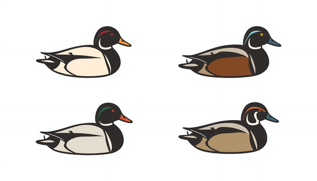 Four colorful duck decoys floating on a white background