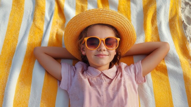 A young girl enjoys the sun on a yellow beach towel while wearing sunglasses and a straw hat. She looks very relaxed and peaceful while having fun in the sun.