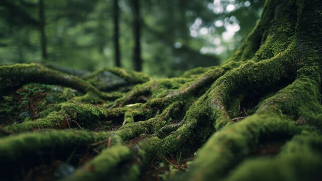Mossy Tree Roots in a Lush Forest