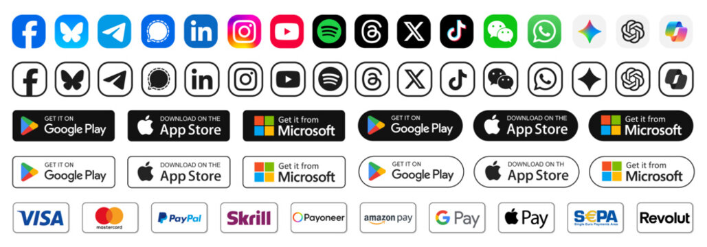 Most popular social media logo icons and payment systems. Google Play, App Store and Microsoft Store download App buttons set
