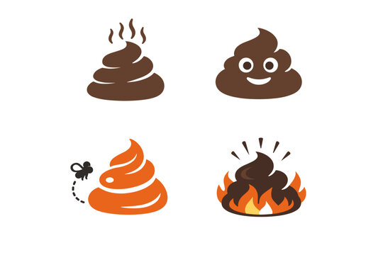 Collection of poop icons in various styles including cute face, stink lines and burning pile. Funny vector illustration set isolated on white background.