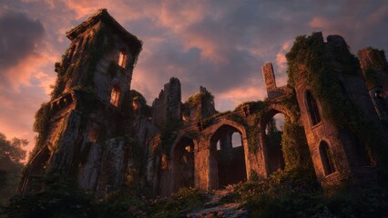 Obraz premium Ruins of an old castle at sunset
