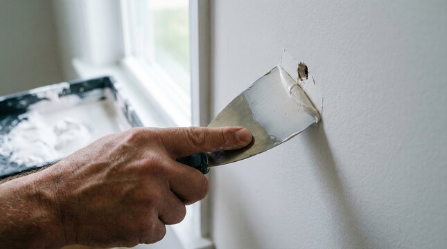 Man hand using steel putty knife to apply white spackle on small hole in painted wall during home repair.