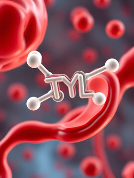 Paracetamol (Acetaminophen, TYL) molecule in the blood flow - section view 3d illustration