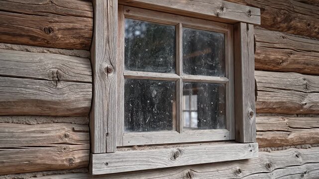 Weathered window set into rough hewn wooden log wall