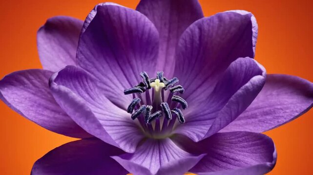 Time-lapse of a purple flower blooming against a vibrant orange background.
