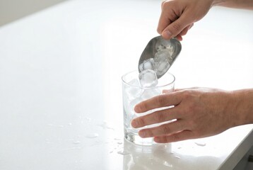 A person using a small metal scoop to fill a drinking glass with ice cubes on a white countertop.
