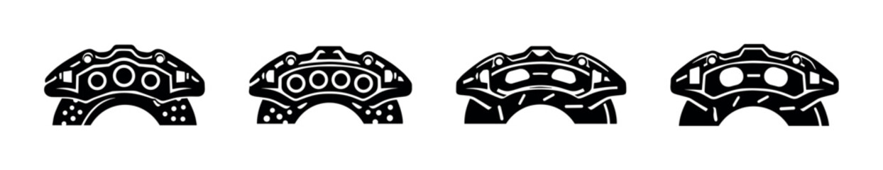 Set of black car brake calipers in a row, flat vector illustration