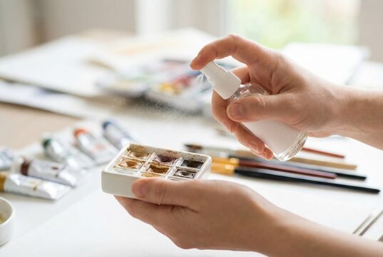An artist's hands spraying water from a small spray bottle onto a ceramic watercolor palette to reactivate the paints.