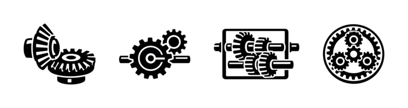 Mechanical gear set icons and configurations, flat vector illustration