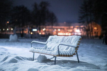 Zasnieżona ławka, zimowa noc, opady śniegu © Follow the Sun
