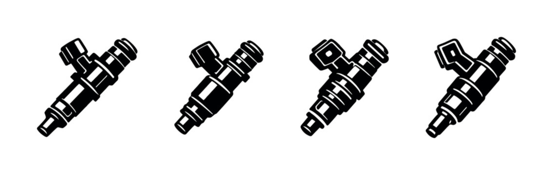 Set of fuel injectors in black silhouette, flat vector illustration