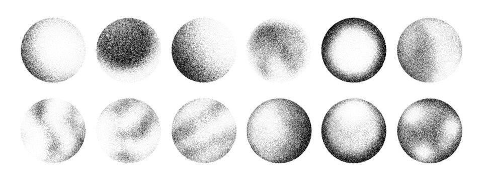 Collection of shaded circular dot patterns. Abstract stipple texture with noise and grain effect. Halftone round shape for grunge design.