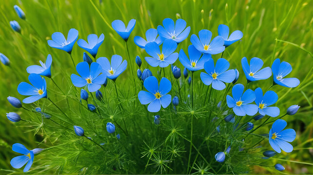 Blue flowers of Lewis flax, Linum lewisii. Beautiful blue flax flowers. Flax blossoms.  Field of many flowering plants linum usitatissimum. Linum blooms.