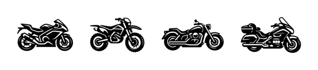 Obraz premium Set of various motorcycles in black and white silhouettes, flat vector illustration