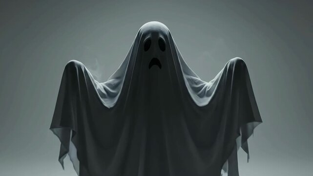 Spooky white sheet ghost costume with sad face standing in dark grey studio background