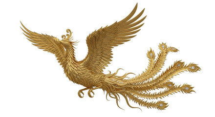 Fototapeta premium Golden phoenix in flight on transparent