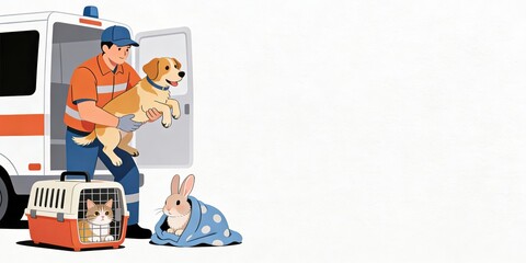 Animal rescue operation showcasing a dedicated paramedic carrying a golden retriever with small pets in carriers emphasizing compassion and emergency care for vulnerable animals