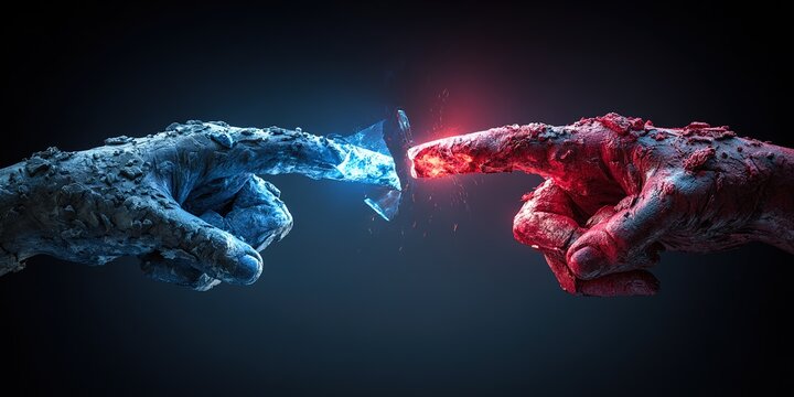 Two abstract hands reaching out in smoke and fire, cinematic ice vs heat concept, 3D illustration