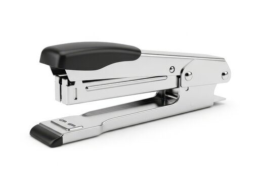 A heavy-duty stapler with a black handle and a silver body, perfect for office use