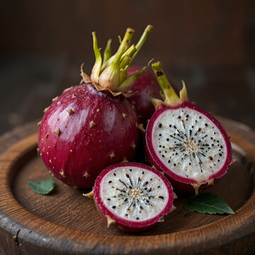 Pitaya roja blanca y morada fruta exotica de Mexico del Nopal Cactus en mesa de madera