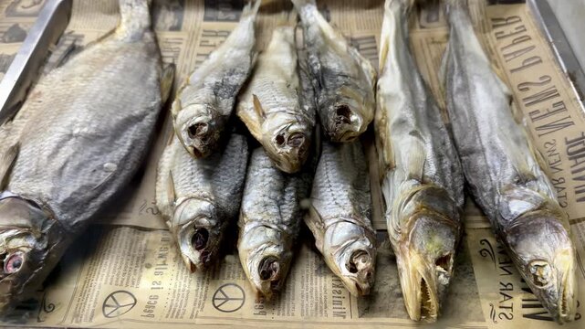 Dried fish lined on newsprint counter, salted heads arranged in tight row with golden gray scales and flaky brittle texture, closeup rustic display suggesting tavern snack sale for beer.